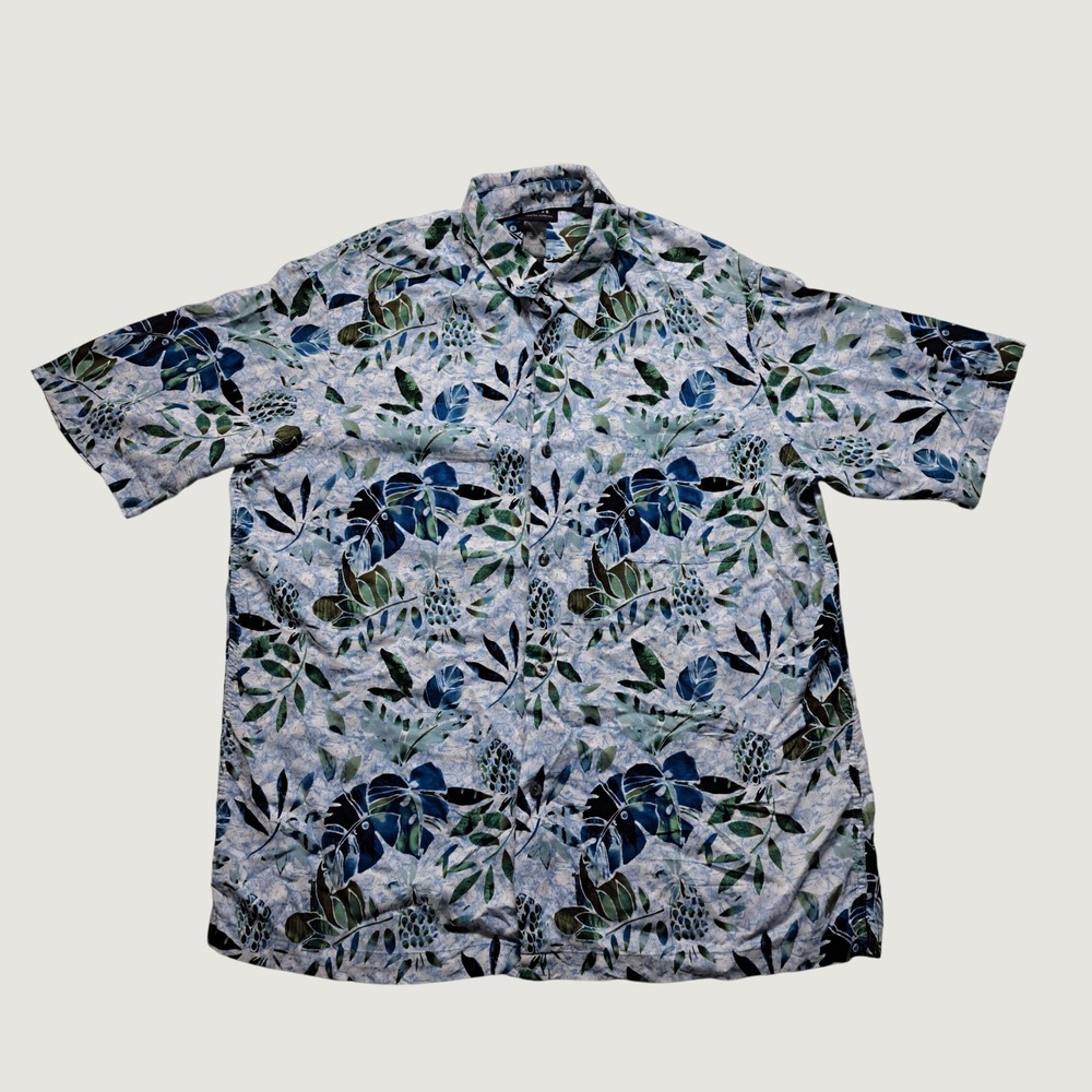 Axcess Tropical Floral Button Front Shirt Mens XL Blue Short Sleeve Rayon Good
